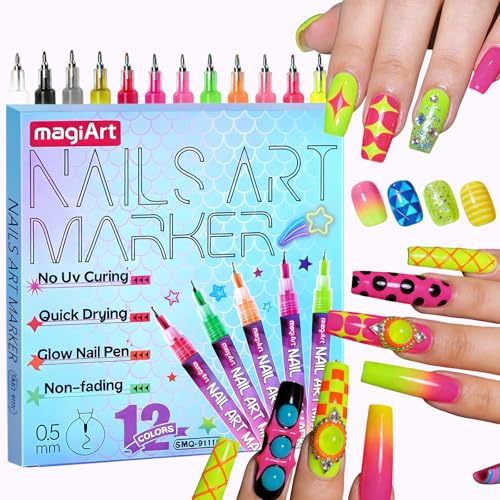 MKNZOME 12 Color Nail Art Pens, Neon Nail Markers Set 0.5 MM Fine Tip Nail Polish Pens Drawing Painting Point Liner Painted Pen Kit, Waterproof DIY Nails Art Design Manicure Tools