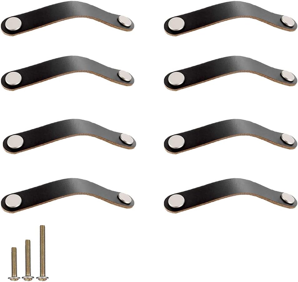 yusheng 8 Pack Soft Genuine Leather Drawer Pulls Handle,Wardrobe Cabinets Kitchen Closet Knobs Door Pulls Handles knobs with Screws,Home Decoration, Handmade (8 Pack, 5.6" - Black)