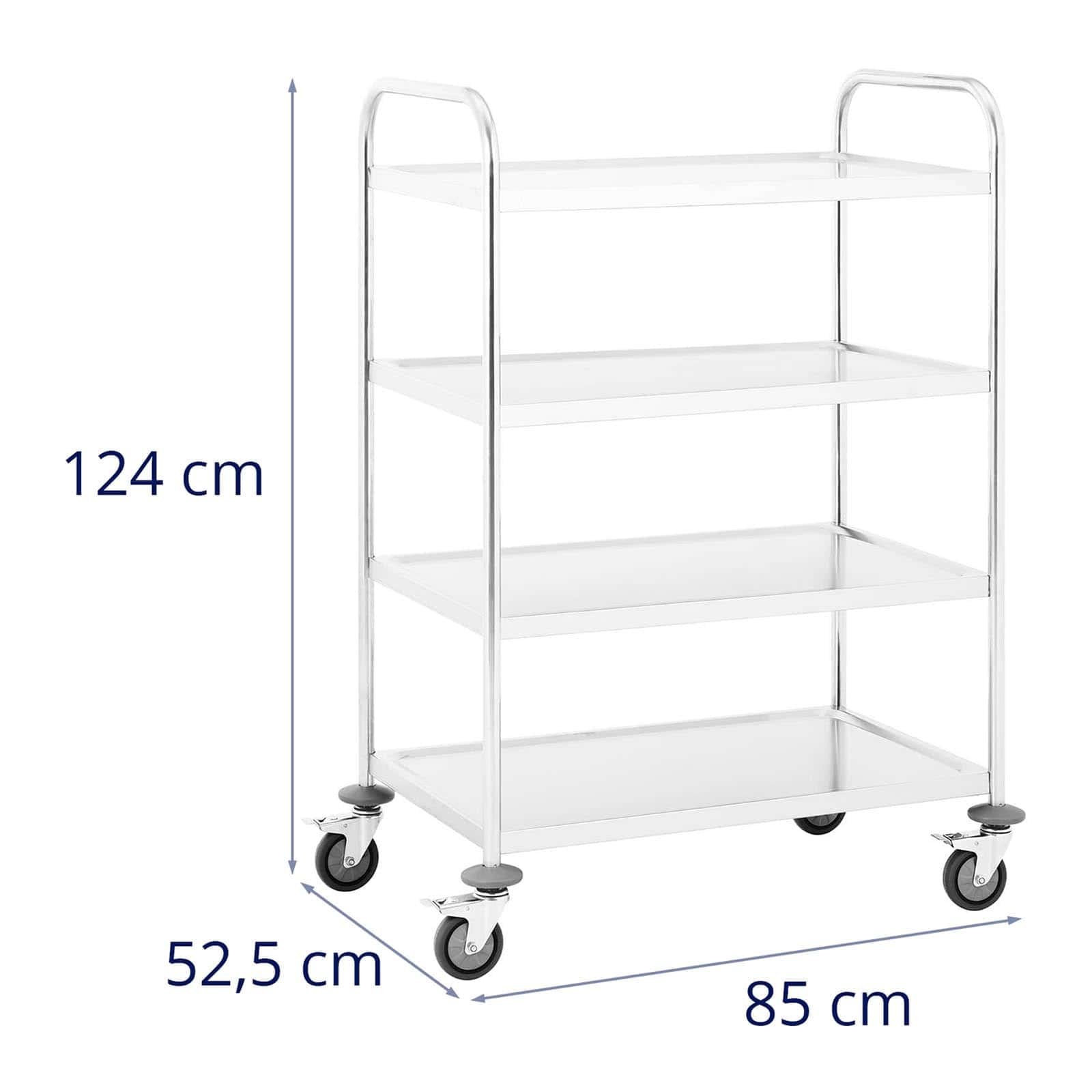 Royal Catering - Servierwagen Küchenwagen (4 Borde, 200 kg belastbar, 85 x 52,5 x 124 cm, 27 cm Abstand, Leichtlaufräder, Feststellbremse, Edelstahl) Silber