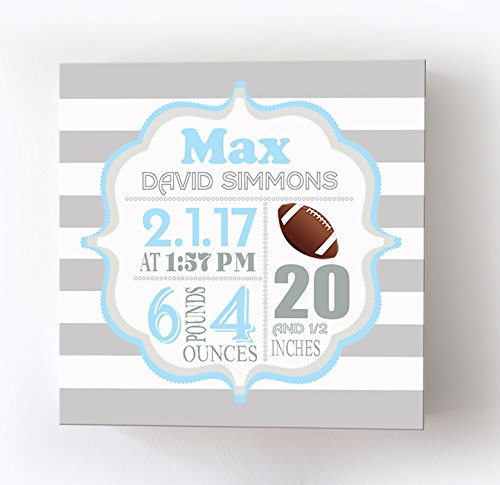 Personalized Stretched Canvas Birth Announcement Gift, Custom Baby Name, Date, Weight Stats, Newborn Football Nursery Wall Art Decor, Wooden Frame Construction, Ready to Hang 24X24