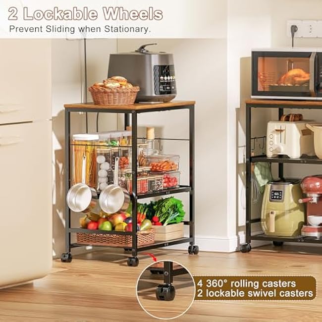 Microwave Cart with Adjustable Drawer Slider Shelves, 3 Tier Rolling Kitchen Microwave Stand with Storage, Small Kitchen Utility Cart on Lockable Wheels, Coffee Cart with Hooks-7yFARHgi