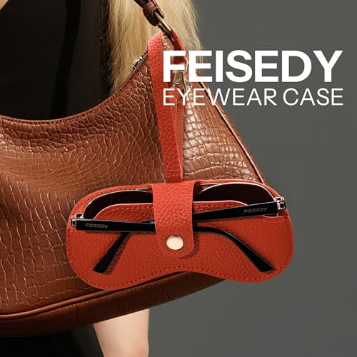 Image of FEISEDY Sunglass Case, 2Pcs Soft Leather Eyeglass Cases for Women | Slim Portable Glasses Holder, with Button-Closure Wrist Strap for Travel & Outdoor B0308