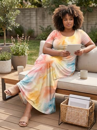 Image of SUZONANA Plus Size Maxi Dress for Curvy Women Summer Casual Sundress Short Sleeve Loose Vacation Dress