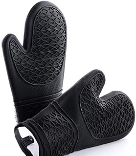 Oven Gloves, Silicone Oven Gloves Heat Resistant up to 260°C, Non-Slip Long Oven Mitts Waterproof Kitchen Gloves for Cooking Baking Barbecue Microwave(Black)