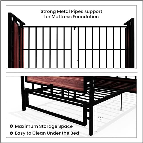 Image of TEKAVO IronOak Double Size Bed | Heavy Duty Iron Bed | Metal and Wood Frame| Modern Bedroom Furniture | Sturdy & Rustproof | Easy Assembly | Rustic Design | Durable & Stylish |