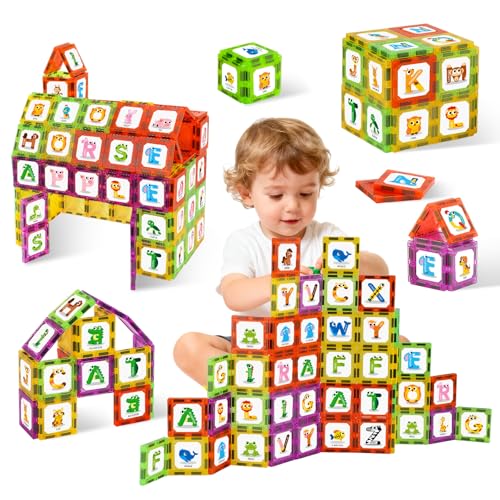 Magnetic Tiles Letters Learning Toys, Animals Alphabet ABC Magnets for Kids 1-3 2-4 3-5, Toddlers Classroom Must Haves Construction Stacking Toys, Teacher Educational Supplies for Preschool Spelling