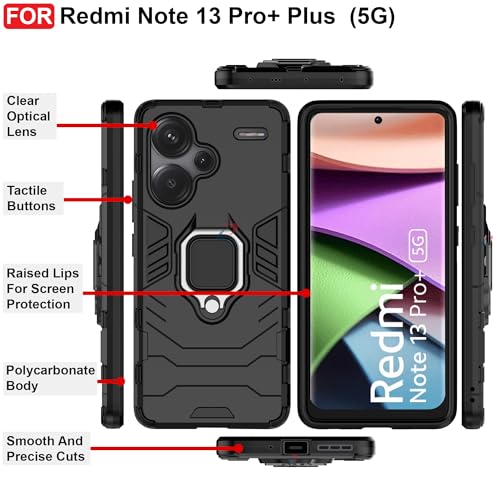 Image of CEDO Kickstand Cover for Redmi Note 13 Pro+ Plus (5G) Rugged Case | Built-in Stand Rotating Ring Holder | Military Grade Armor Bumper Back Cover (Black)