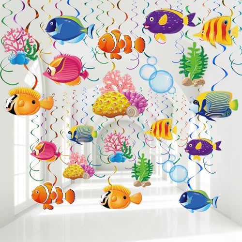 Clabby 30 Pcs Under The Sea Party Decorations Tropical Fish Hanging Swirls Ceiling Decor Ocean Themed Mermaid Creatures Beach Party Supplies Under The Sea Decor(Fish Style)