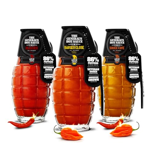 Product Image of the The General’s Hot Sauce Heat Seeker Hot Sauce Gift Set - Gourmet Variety Pack with Habanero & Cayenne Peppers - All-Natural, Spicy Sauce Collection - American Grown, Veteran-Owned, 3-Pack (6oz Bottles)