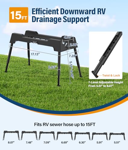 PAHTTO RV Sewer Hose Support, 15FT Heavy-Duty Camper Waste Hose Holder with 7 Foldable Sections, Adjustable & Stable Waste Drainage Support with Strap, Stackable & Weather-Resistant