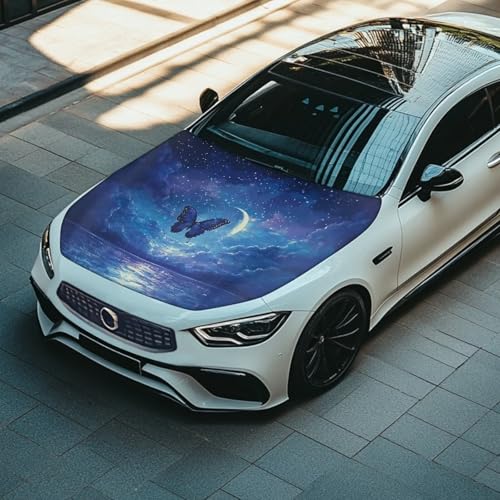 Image of Car Hood Cover,All Weather Comfortable Car Hood Cover Protector Suitable Most Automotive Sedans Trucks Pickup Sports Cars Accessories Blue Butterfly Moon