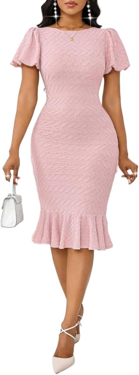 Elegant Women's Backless Pink Midi Dress with Puff Sleeves - Bodycon Fishtail Hem Cocktail Dress