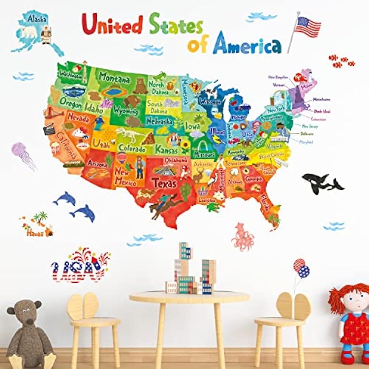 DECOWALL SG2-2307 Colourful USA Wall Stickers Decals Peel and Stick Removable for Kids Nursery Bedroom Living Room decor Wallpaper United States US