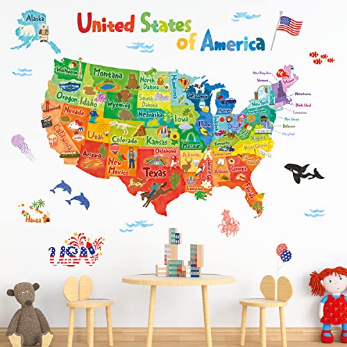 Decowall Sg2-2307 Colourful Usa Map Wall Stickers Decals Peel And Stick Removable For Kids Nursery Bedroom Living Room Décor Wallpaper United States Us Children Mural #TOP1