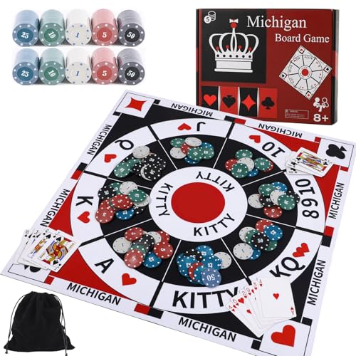 Medikaison Michigan Rummy Board Game Set Tripoley Game Felt Mat Foldable Family Original Combination of Joker Rummy,Hearts and Poker Includes 2 Decks...