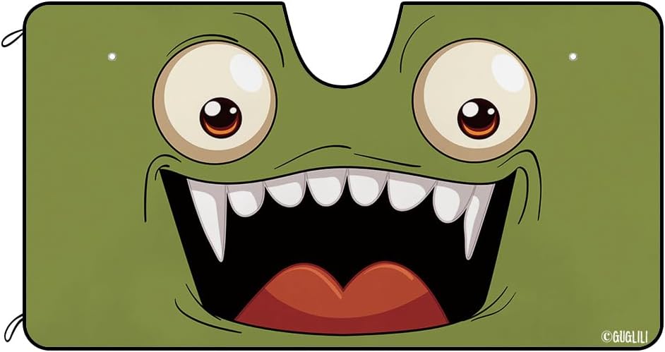Cartoon Smiling Face Windshield Sun Shade for Car SUV Truck Kawaii Funny Eyes Car Front Window Sunshade Sun Visor Protector Blocks UV Rays 55 X 30 Inch Olive