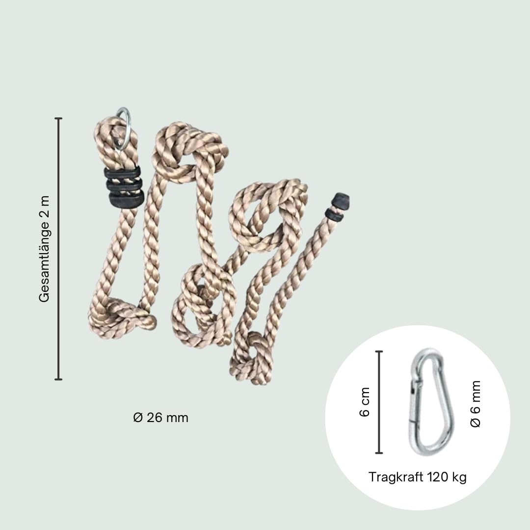 h2i Cuerda de Escalada para niños | Cuerda con 4 Nudos | Cuerda con Nudos para Torre de Juegos, casa en el árbol y Torre de Escalada | Incluye Anillo de Seguridad y mosquetón | Longitud 2 m