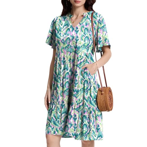 Image of Womens Casual Tiered Swing Midi Dress Ruffle Sleeve V Neck A Line Petite Summer Dresses with Pockets