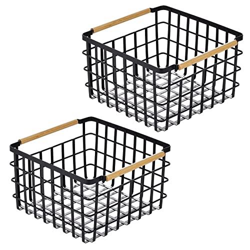 Mdesign Metal Steel Wire Square Organizer Storage Basket W/ Bamboo Handles For Closet, Shelves, Holds Linens, Blankets, Slippers, Scarves, Hats, Gloves - Yami Collection - 2 Pack - Matte Black/Natural #TOP7