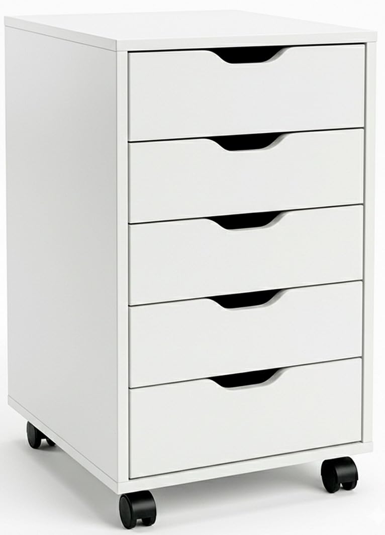 Marctani Cajonera Escritorio Blanca con 5 Cajones y Ruedas, Mueble Archivador Oficina de Madera para debajo de Mesa, Cajonera Pequeña y Estrecha (Fondo 30cm), Mueble Impresora con Ruedas