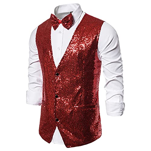 Men's Sequin Vest With Bow Tie Party Formal V-Neck Shiny Waistcoat For Wedding Party Events Carnival Formal Wear