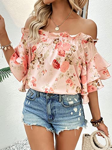 SOLY HUX Women's Floral Print Blouse Off Shoulder Ruffle Trim Half Sleeve Summer Tops3