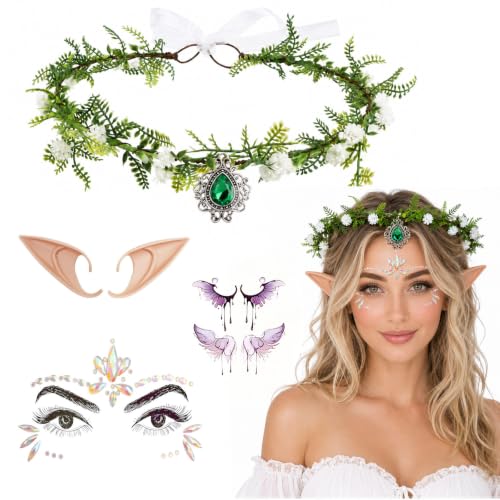 UBERMing Blumenkranz Haare Elfenkrone für Waldfee Kostüm Damen Grün Elf Blumenkranz mit 1 Paar Elfenohren Tattoo Aufkleber Flügel und Glitzersteine Gesicht für Hochzeit Karneval Cosplay Renaissance