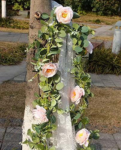 FascmeG 6.6ft Rose Vine Garland with Champagne Roses Faux Artificial Garland Green Leaves Table Runner for Home Wedding Party Garden Arch Wall Decor