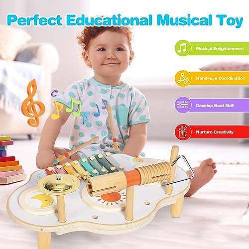 Image of Twefex Kids Drum Set - 9 in 1 Baby Drum Set for Toddlers - Montessori Musical Instruments Toy for Babies - Wooden Xylophone Musical Toys for Boys and Girls