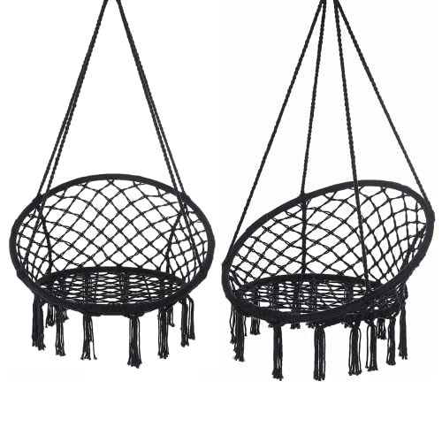 Image of Garpans Macrame Hammock Set of 2 - Bohemian Style Hammock Swing Chairs with Tassels - Handmade Knitted Cotton Rope - Indoor /Outdoor - Max 330 Lbs - Black