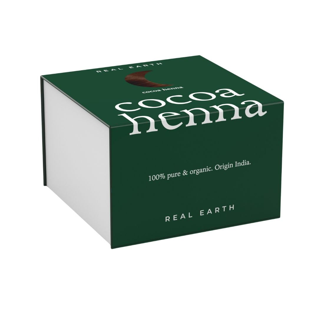 Real Earth - Cocoa Henna - Tinte de Henna - 100% orgánica y natural - Barros para teñir el pelo - Cabellos castaño medio - Coloración Natural - Cosmética ayurvédica - Vegana - Sin amoniacos - 250gr