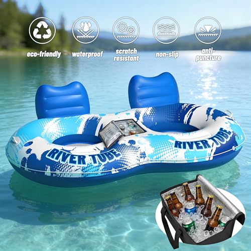 Image of JOSEN Inflatable River Tube Float - 2 Person Heavy Duty River Float, Pool Floats Adult, Lake River Floats Water Tubes for Floating with Removable Cooler & Cupholders for Summer Relaxation
