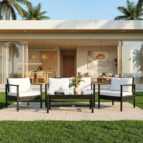 Image of BRISHI Outdoor Sofa Set || Balcony Sofa || Patio Furniture Sets || Indoor Sofa|| Wicker Rattan Garden Sofa Set with Cushion and Center Table, 4 Seater (Black-White)