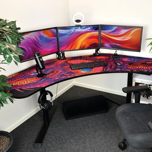 Image of Arozzi Arena Angelo L Shaped GamingDesk, PC Gaming Desk L Shape, Height Adjustable L Shaped StandingDesk for Home Office, ComputerDesk with Full Coverage Mouse Pad (Crawling Chaos)