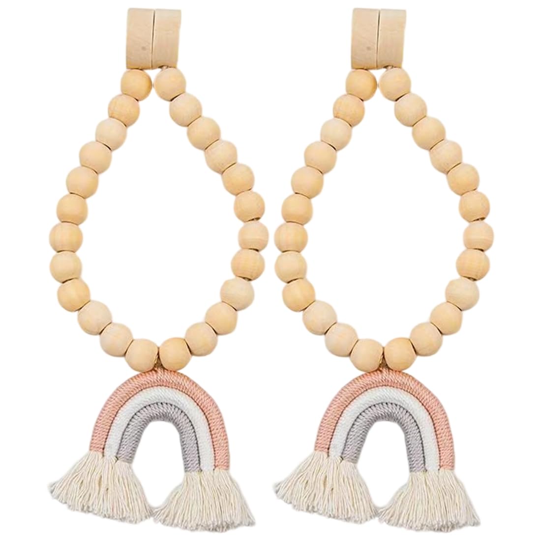 UDSKNV[KSL Farmhouse Style Bead Curtain Rope Holdback 2pcs Bead Garlands Curtain Tiebacks Rainbow Tassel Wood Holder for Drape D