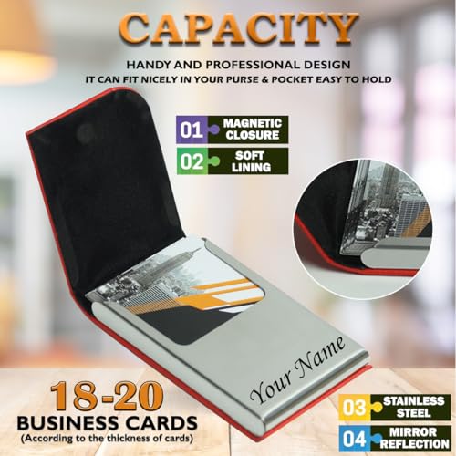 Image of Engraved Your Name Customized On Vertical Card Holder -Luxurious Unisex Design-RFID Blocking Stainless Steel 1 x 10 x 6 cm for Credit|Debit|ATM|Business Visiting Corporate Gift (Red-PTI)