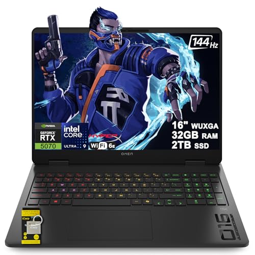 Image of HP Omen 16 Slim Gaming AI Laptop 16 inch WUXGA IPS 144Hz Intel 16-core Ultra 9 285H 32GB RAM 2TB SSD GeForce RTX 5070 GDDR7 DLSS4 (Up to 988 Tops) 4-Zone RGB Backlit Wi-Fi6E HyperX Win11 ICP Hub