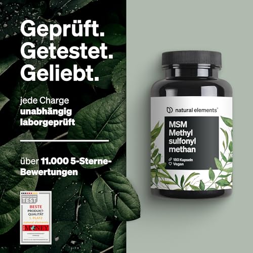 natural elements MSM Kapseln - 180 vegane Kapseln - Laborgeprüfte 1600mg Methylsulfonylmethan (MSM) Pulver pro Tagesdosis - Ohne Magnesiumstearat, hochdosiert und in Deutschland produziert