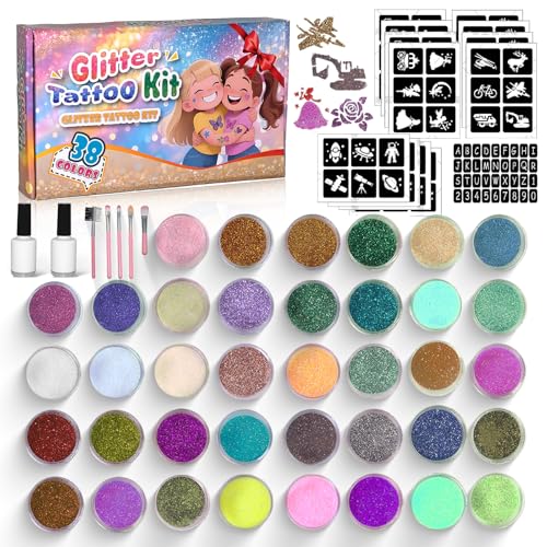 Glitzer Tattoo Set Kinder SNYZPN 38 Farben Temporäre Glitzertattoos Kinder Set 189 Schablonen 5 Pinsel 2 Kleber für geeignetfürKarneval Mädchen und Jungen Geburtstag Party Weihnachten