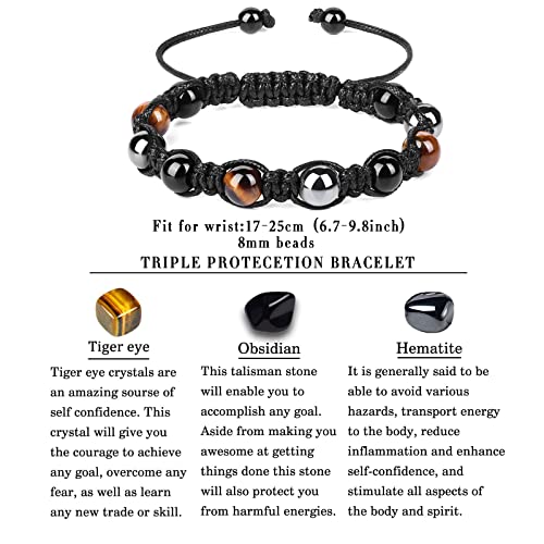 Triple Protection Bracelet,Genuine Tigers Eye Black Obsidian and Hematite Beads Bracelet for Men Women,Handmade Crystal Healing Bracelets Bring Luck and Prosperity and Happiness2