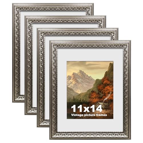 Image of 11x14 Vintage Picture Frames,Antique Picture Frames with White Mat for 8x10 Picture, Ornate Frames for Wall Decor,4 Pack,Silver