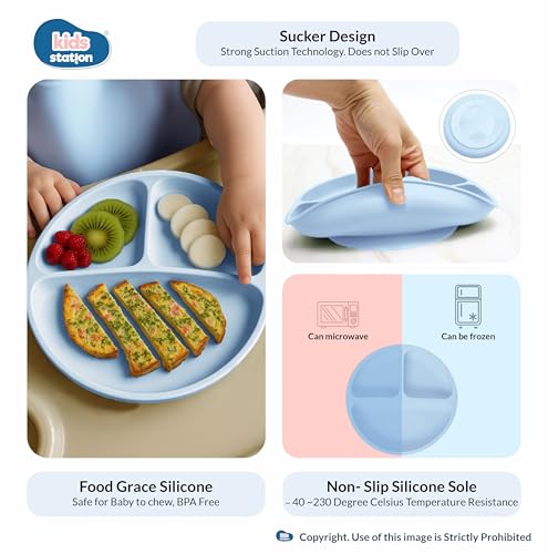 Image of Kids Station 8-Piece Silicone Baby Feeding Set | Suction Bowl, Plate, Bib, Cup, Spoon & Fork | 100% Food Grade BPA-Free Silicone | Non-Slip, Easy to Clean (Pack of 8, Blue)