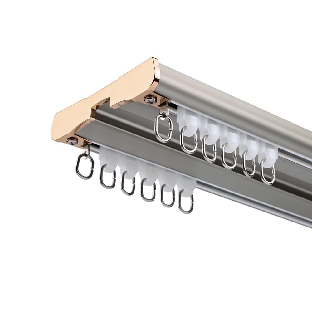 Wytrzymały dwurzędowy system szyn do zasłon do montażu sufitowego, cicha, aluminiowa konstrukcja przesuwna, 240 cm, szare wykończenie