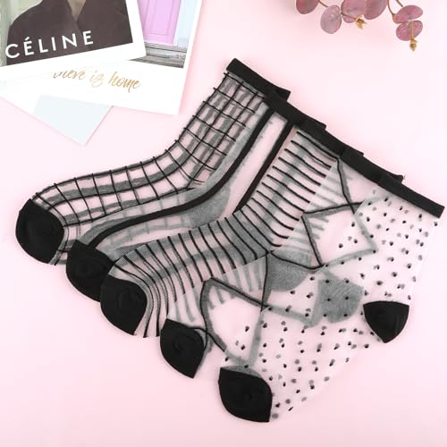 Image of Lusofie 5 Pairs Sheer Black See-Through Socks - Checkered Dot Striped Plaid Ankle Summer Socks for Women - Thin Fashion