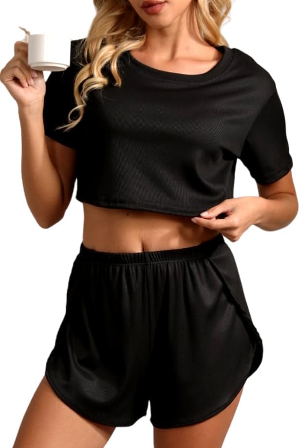 Black Pajamas for Women Short Sleeve Pajamas Set Solid Color Slit Shorts Pj Comfy Lounge Sets for Woman Crop Top