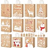 Geschenktüten Weihnachten - Geschenk Papiertüten Weihnachten Groß mit Geschenkanhänger, 12 Stück Kraftpapier Tüten Weihnachtstüten, Weihnachtstaschen Mittel mit Henkel, Weihnachtspapiertüten Set