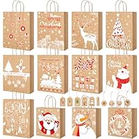 Geschenktüten Weihnachten - Geschenk Papiertüten Weihnachten Groß mit Geschenkanhänger, 12 Stück Kraftpapier Tüten Weihnachtstüten, Weihnachtstaschen Mittel mit Henkel, Weihnachtspapiertüten Set