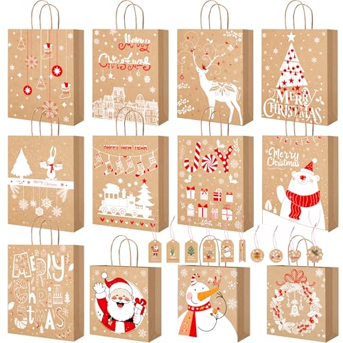 Sacchetti Regalo Natale Varie Dimensioni: Il team BoriYa ha preparato per te esclusivi sacchetto carta natale e offre un set di sacchetti natalizi per regali di 2 diverse dimensioni, 9 sacchetti regalo natale grandi con dimensioni 33 x 26 x 11,5 cm e 3 borsa regalo natale medi piccoli le borse misurano 27 x 22 x 11,5 cm (senza manici). Le dimensioni grandi e piccole soddisfano meglio le diverse esigenze.