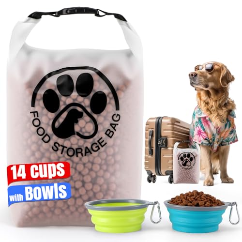 Aosnare Pet Food Storage Bag for Travel - Transparent Leak-Proof Dog Food Container with Roll-Top Closure Keeps Kibble Fresh for Camping Trip Dog Boarding Weekend Getaways (14 Cups+bowl)