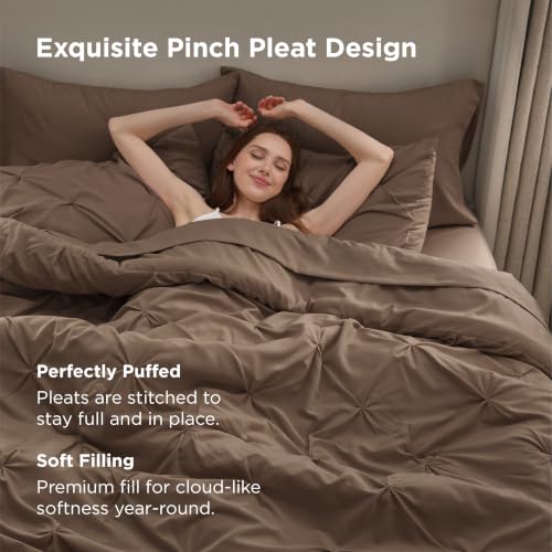 Image of Bedsure Queen Comforter Set Brown - Bed in a Bag Queen Size Bedding 7 Pieces, GentleSoft Pintuck Bed Set Gift for Family, All Season Down Alternative Comforter with Sheets, Pillowcases & Shams